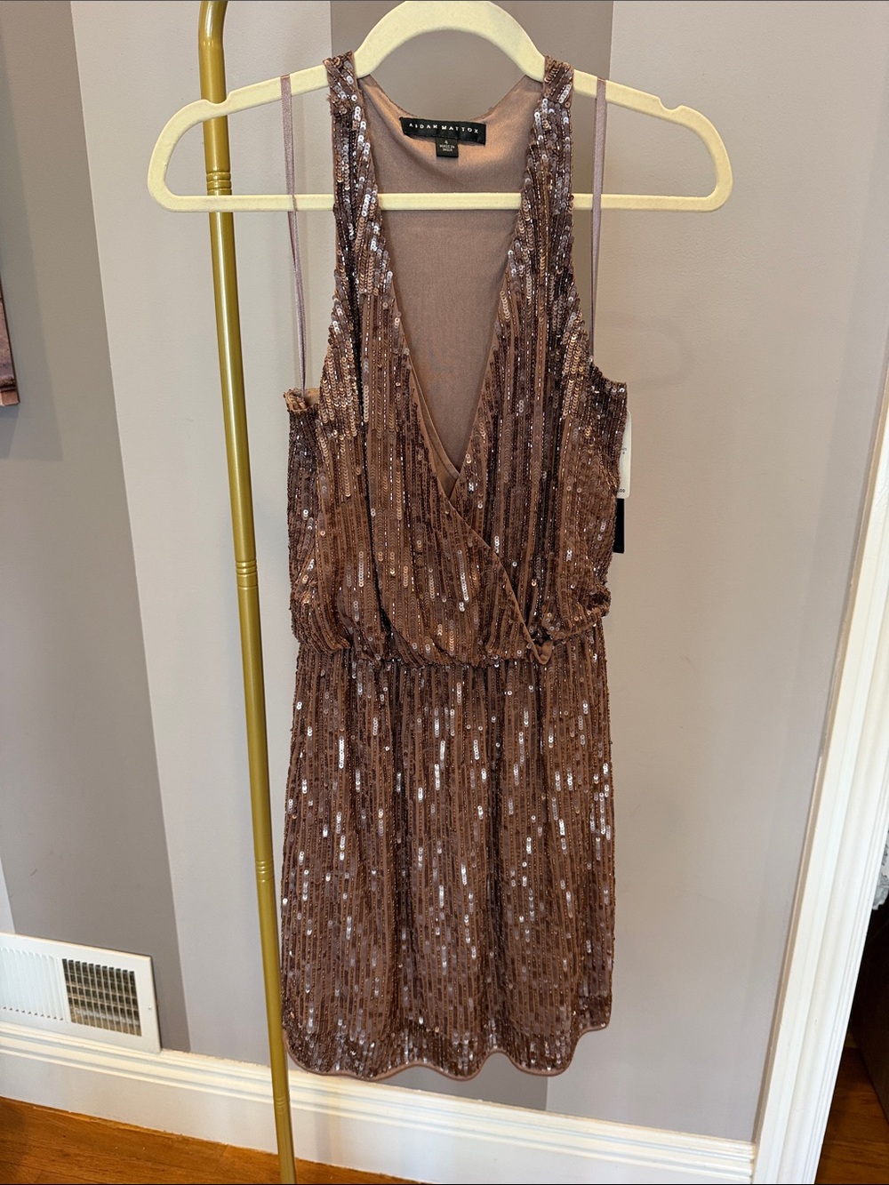Aidan Mattox Bronze Sequin V-Neck Mini Dress